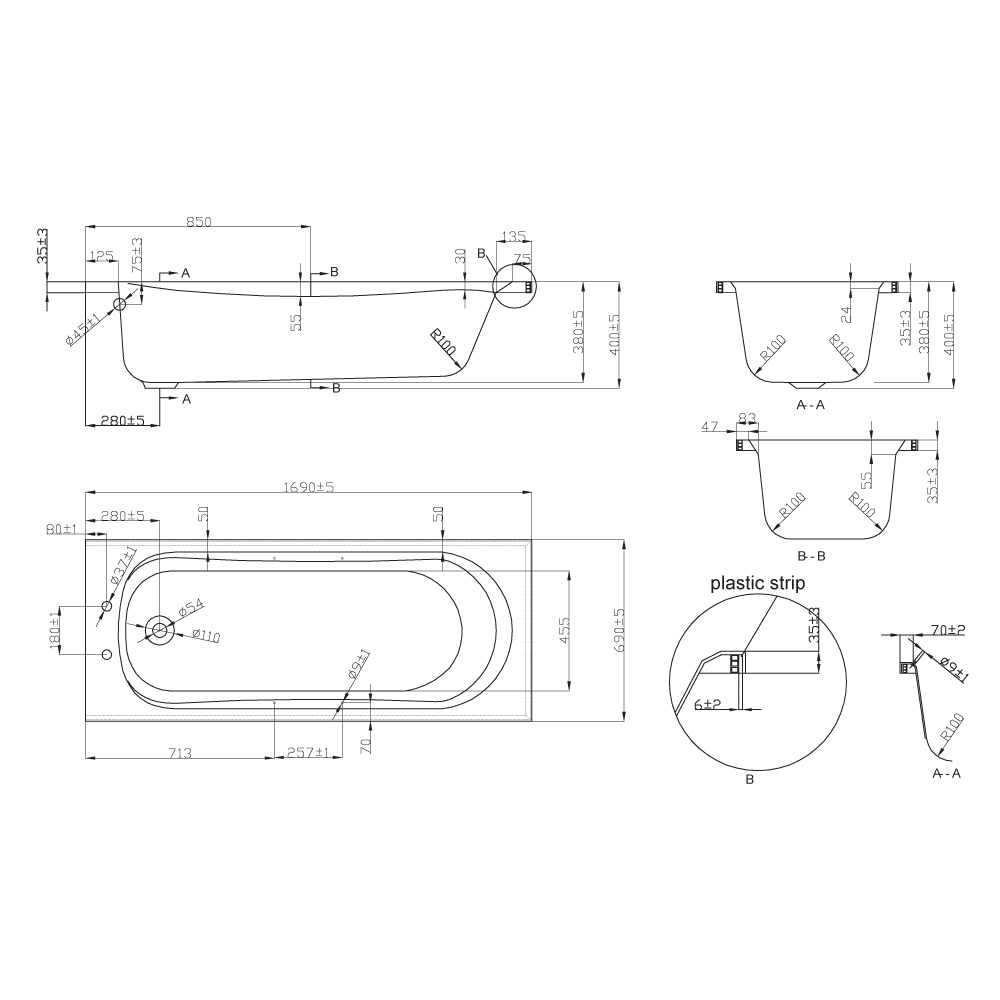 Acqua Plus Belmont Rectangular Single Ended Bath 2 Tap Holes 1700x700mm [BCB019] Specs