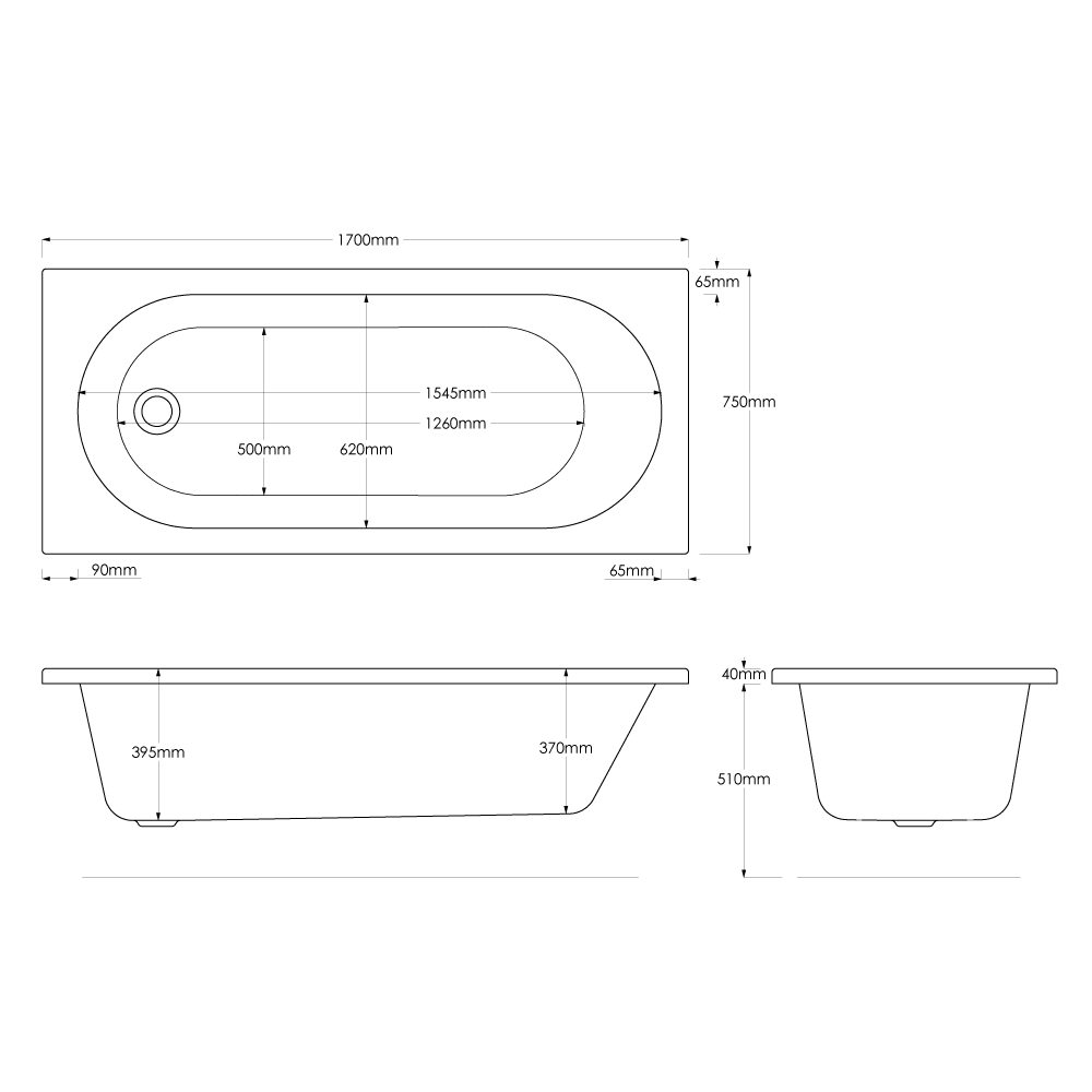 Acqua Plus Newport Rectangular Single Ended Bath/Quartz 1700 x 750 x 395mm [BCB017]