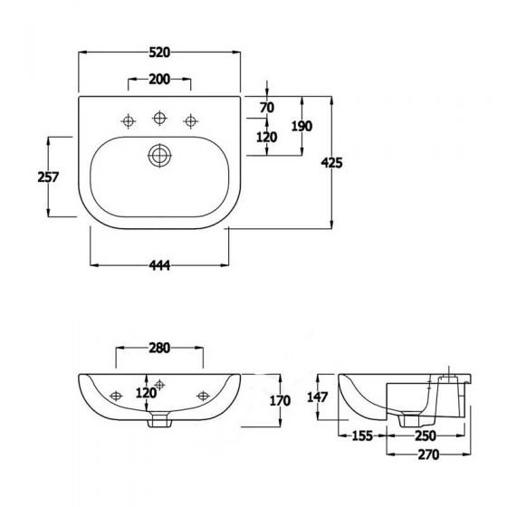 Acqua Plus Diego Semi Recessed Basin Only; 520mm Wide; 1 Tap Hole [BCBO26] Specs