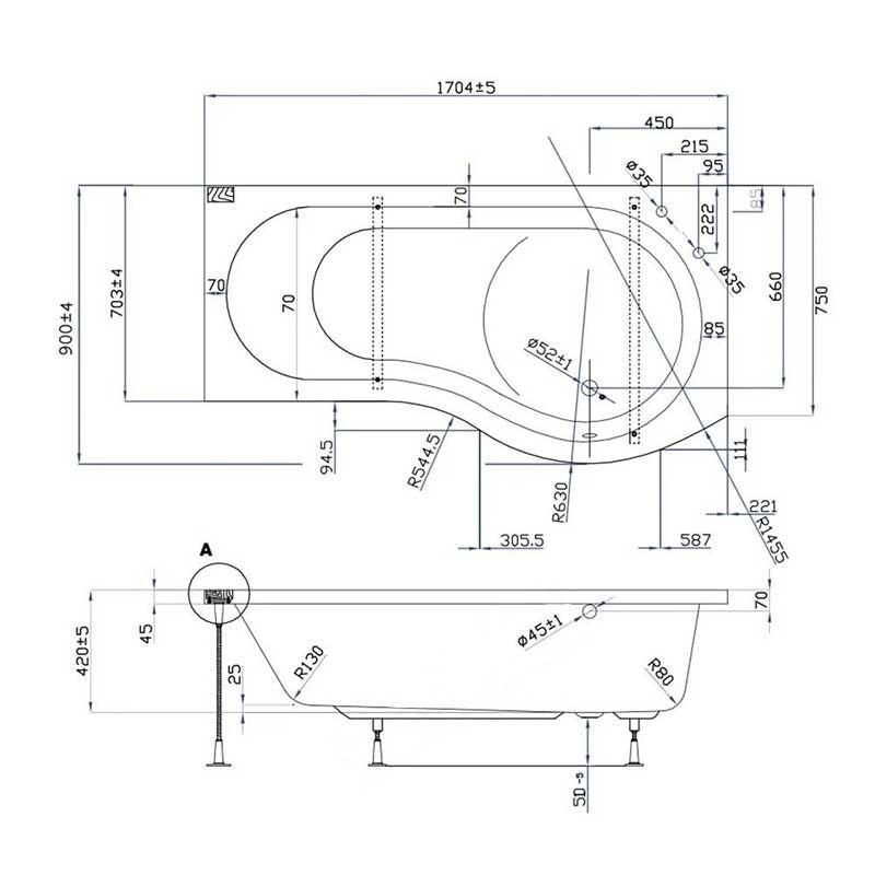 Acqua Plus Suvo P Shape Shower Bath Pack; 1700x900mm [BCSB14] Specs