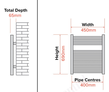 Acqua Plus Durren Towel Warmer; Straight Tubes; 690mm High x 450mm Wide; Chrome [BCTW44] Specs